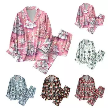 Женский костюм из 2 предметов с принтом, топ на пуговицах с длинными рукавами, широкие брюки, комплект, пижамный домашний повседневный костюм XXL розовый