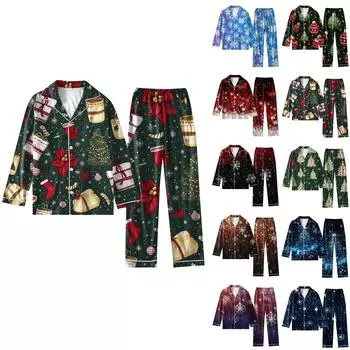 Женский костюм из 2 предметов с принтом, топ на пуговицах с длинными рукавами, широкие брюки, комплект, пижамный домашний повседневный костюм L армия зеленый