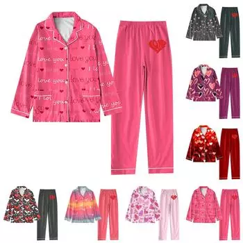 Женский костюм из 2 предметов с принтом, топ на пуговицах с длинными рукавами, широкие брюки, комплект, пижамный домашний повседневный костюм XXL