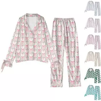 Женский костюм из 2 предметов с принтом, топ на пуговицах с длинными рукавами, широкие брюки, комплект, пижамный домашний повседневный костюм L бежевый