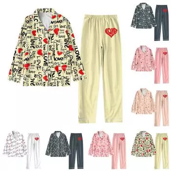 Женский костюм из 2 предметов с принтом, топ на пуговицах с длинными рукавами, широкие брюки, комплект, пижамный домашний повседневный костюм XXXL