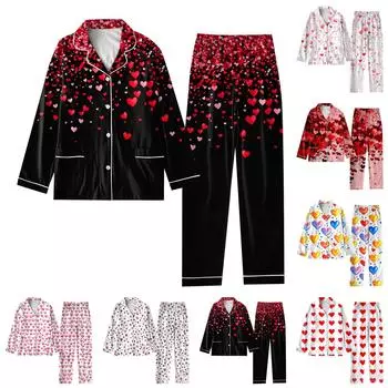 Женский костюм из 2 предметов с принтом, топ на пуговицах с длинными рукавами, широкие брюки, комплект, пижамный домашний повседневный костюм XXL винный