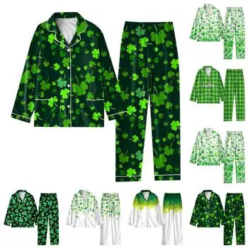 Женский костюм из 2 предметов с принтом, топ на пуговицах с длинными рукавами, широкие брюки, комплект, пижамный домашний повседневный костюм M