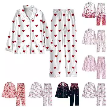 Женский костюм из 2 предметов с принтом, топ на пуговицах с длинными рукавами, широкие брюки, комплект, пижамный домашний повседневный костюм L