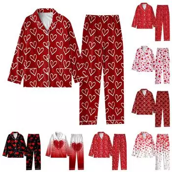 Женский костюм из 2 предметов с принтом, топ на пуговицах с длинными рукавами, широкие брюки, комплект, пижамный домашний повседневный костюм S красный