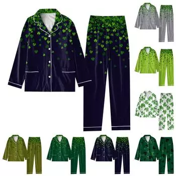 Женский костюм из 2 предметов с принтом, топ на пуговицах с длинными рукавами, широкие брюки, комплект, пижамный домашний повседневный костюм XXL зелёный
