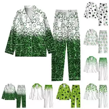Женский костюм из 2 предметов с принтом, топ на пуговицах с длинными рукавами, широкие брюки, комплект, пижамный домашний повседневный костюм M зелёный