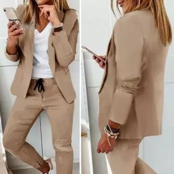Женский костюм из 2 шт./компл., комплект из пальто и брюк, кардиган с лацканами, куртка с длинными рукавами и эластичной резинкой на талии, облегающие брюки, женский формальный коммутирующий наряд 2XL хаки