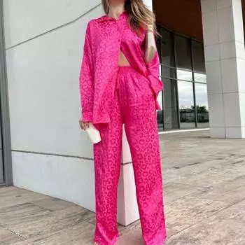 Женский костюм из 2 шт./компл., комплект из рубашки и брюк с леопардовым принтом, длинными рукавами, широкими штанинами, свободной эластичной резинкой на талии, однобортный, из мягкого атласа с лацканами и шнурком для женщин XL синий