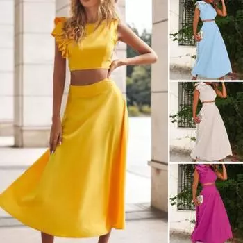 Женский костюм из 2 шт./компл., однотонный быстросохнущий укороченный топ с открытой спиной, юбка-миди для повседневной жизни S фиолетовый