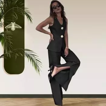 Женский костюм из 2 шт./компл., жилет и брюки, комплект с v-образным вырезом и двойной застежкой на пуговицах, жилет без рукавов с высокой талией, однотонный XL чёрный