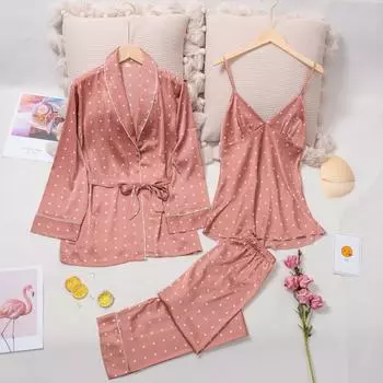 Женский костюм из 3 предметов, пижама в горошек с принтом на груди и поясом, пижама с длинным рукавом