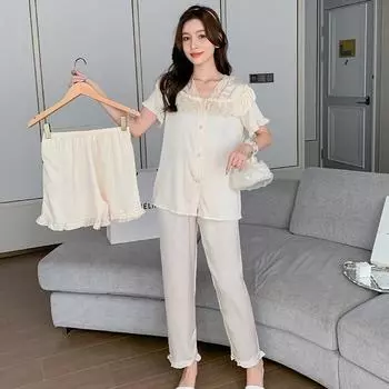 Женский костюм из 3 предметов, пижамы из ледяного шелка с короткими рукавами, кружевная одежда для сна XL бежевый