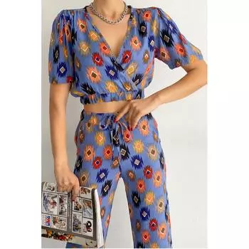 Женский костюм из блузки и брюк Fierte Chp1001, двубортный воротник, эластичный пояс, бюстье, широкие карманы