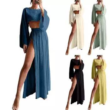 Женский костюм из двух частей для отдыха, короткий топ с высокой талией и разрезом из хлопка и льна XL бежевый