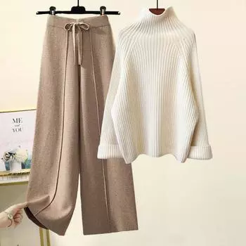 Женский костюм из двух частей, осенне-зимний корейский вариант свитера в стиле «ленивый», со шнуровкой и девятью точками, с широкими брюками 2XL