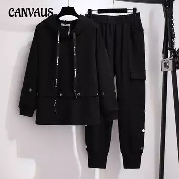 Женский костюм из двух частей с капюшоном и утеплителем из флиса большого размера на осень 2XL чёрный