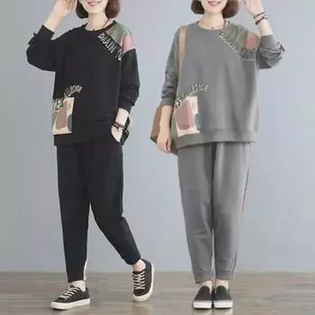 Женский костюм из двух частей свободного кроя больших размеров, вес 80–200 фунтов, на весну и осень — закрывает живот, модный комплект с длинными рукавами L кофейный