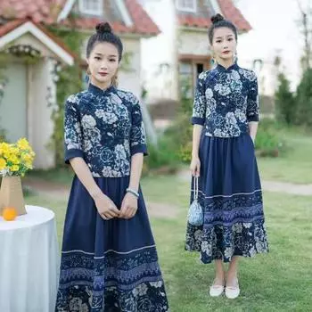 Женский костюм из двух частей в китайском этническом стиле с принтом в стиле ретро и топом из двух частей L темно-синий