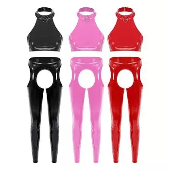 Женский костюм из двух предметов из латекса, сценический костюм для ночного клуба, бара, дискотеки, костюм для танцев на пилоне, укороченный топ с открытой спиной и леггинсами с вырезами S