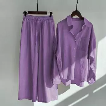 Женский костюм из двух предметов в стиле ретро, большие размеры, хлопково-льняная рубашка, костюм с высокой талией, свободные брюки для женщин S ультрамарин синий