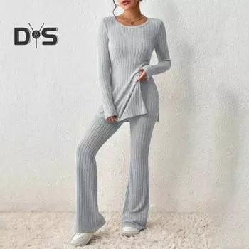 Женский костюм из двух предметов, зима-осень, вязаный топ в рубчик с разрезом и длинными рукавами, расклешенные брюки с высокой талией, модный комплект XL чёрный