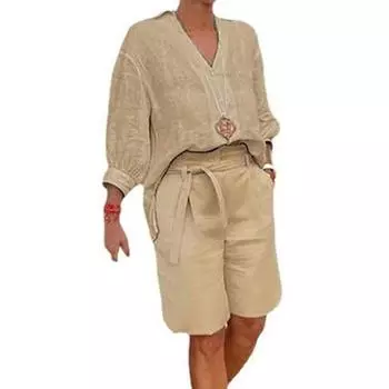 Женский костюм из хлопка и льна, состоящий из двух частей, повседневная рубашка с лацканами и рукавами до локтя с V-образным вырезом и шорты с широкими штанинами и поясом, летний домашний комплект с карманами M хаки