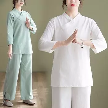 Женский костюм из хлопка и льна, традиционный костюм в китайском стиле, комплект из двух предметов 2XL зелёный