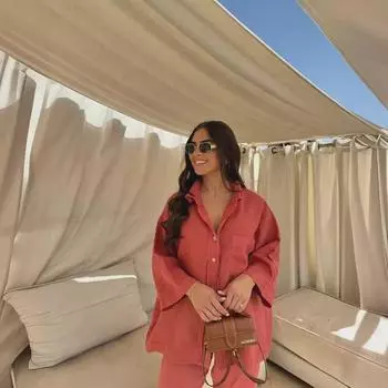 Женский костюм из хлопка и льна европейского и американского производства 2024 года: Шикарный комплект из двух предметов на лето и осень для искушенных пассажиров Medium