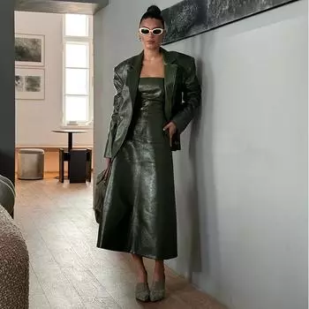 Женский костюм из искусственной кожи, пальто, платья, комплект, винтажные однотонные лацканы, длинные рукава, модные облегающие платья без рукавов, наряды S коричневый