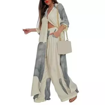 Женский костюм из топа и брюк с V-образным вырезом и принтом в стиле пэчворк, контрастный цвет, дорожный комплект S абрикосовый