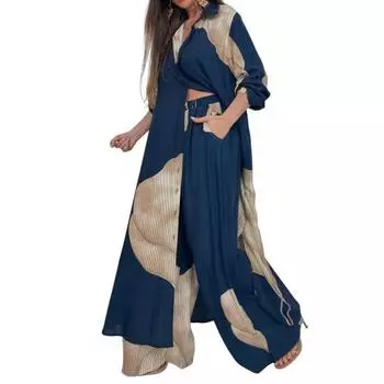 Женский костюм из топа и брюк с V-образным вырезом и принтом в стиле пэчворк, контрастный цвет, комплект для поездок на работу, широкие брюки и удлиненный топ, свободный крой S