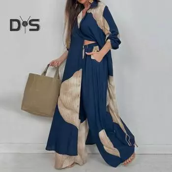 Женский костюм из топа и брюк с V-образным вырезом и принтом в стиле пэчворк, контрастный цвет, комплект для поездок на работу, широкие брюки и удлиненный топ, свободный крой, наряд для различных целей S красный