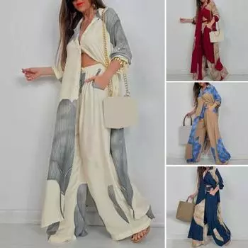 Женский костюм из топа и брюк с V-образным вырезом и принтом в стиле пэчворк, контрастный цвет, комплект для поездок на работу, широкие брюки и удлиненный топ, свободный крой S хаки