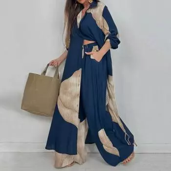 Женский костюм из топа и брюк с V-образным вырезом и принтом в стиле пэчворк, контрастный цвет, комплект для поездок на работу, широкие брюки и удлиненный топ, свободный крой, наряд для различных целей S хаки