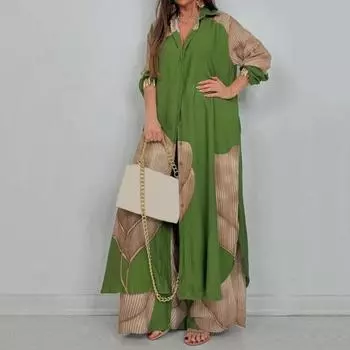 Женский костюм из топа и брюк с V-образным вырезом и принтом в стиле пэчворк, контрастный цвет, комплект для поездок на работу, широкие брюки и удлиненный топ, свободный крой, наряд для различных целей S красный