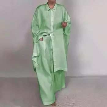 Женский костюм Элегантный женский комплект из рубашки и брюк с лацканами, блузка на пуговицах, эластичный пояс, брюки, стильный старый стиль для поездок на работу на осень M синий