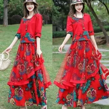 Женский костюм, китайский ретро-этнический стиль, сетчатая юбка с принтом, комплект из двух предметов 2XL темно-синий