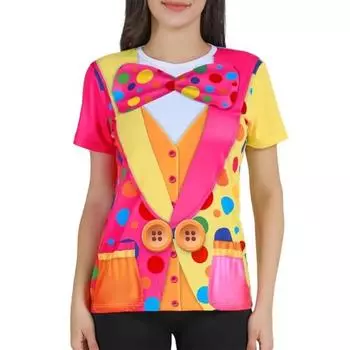 Женский костюм клоуна, цирковая рубашка, взрослая леди, карнавальный наряд на Хэллоуин, большой бант, графический O-образный вырез, 3D-принт, цветные топы с короткими рукавами S
