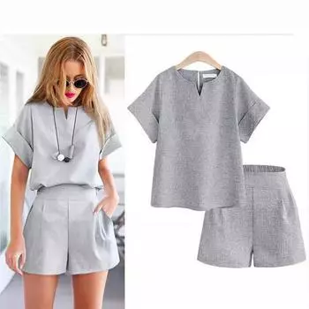 Женский костюм, комплект из двух предметов, хлопково-льняная рубашка, шорты, одинаковые женские комплекты, летний повседневный короткий комплект, женская летняя модная одежда XXXXXL серый