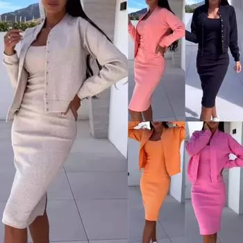 Женский костюм, модный повседневный комплект из пальто с длинными рукавами и подтяжками, элегантный однотонный пригородный наряд для вечеринки XXXL чёрный