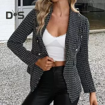 Женский костюм осень-весна, пальто в клетку, двубортный, с лацканами, длинный рукав, толстые карманы, мягкий кардиган, деловой стиль, куртка для поездок на работу в обычном стиле XL белый