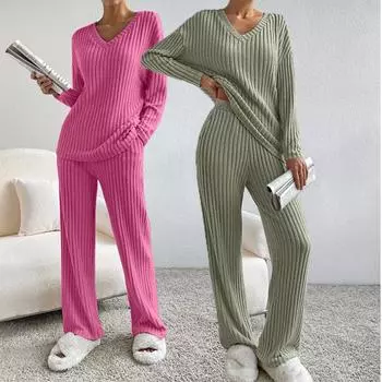 Женский костюм, осенний повседневный свободный свитер с длинным рукавом, комплект из 2 предметов, женский зимний комплект из двух предметов с V-образным вырезом, однотонный, элегантный комплект одежды S абрикосовый