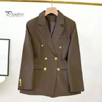 Женский костюм, пальто, двубортный пиджак с лацканами и длинными рукавами, куртка с клапанами и карманами, однотонная приталенная рабочая верхняя одежда M чёрный