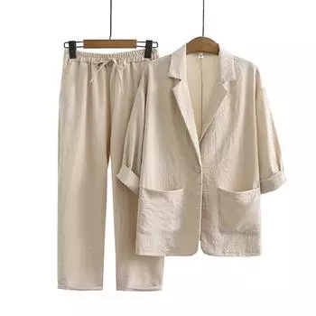 Женский костюм, пальто из хлопка и льна, брюки, свободные карманы, модный повседневный комплект из двух предметов XL