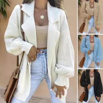 Женский костюм, пальто, костюм с лацканами, длинный рукав, однотонное трикотажное пальто с S синий