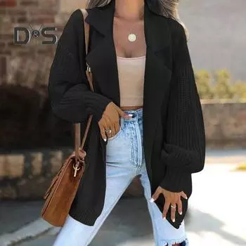 Женский костюм, пальто, костюм с лацканами, длинный рукав, однотонное трикотажное пальто с карманами, свободный крой, свитер на одной пуговице, пальто L хаки