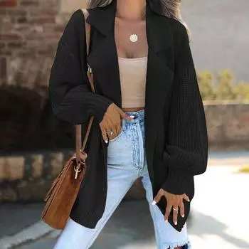 Женский костюм, пальто, костюм с лацканами, длинный рукав, однотонное трикотажное пальто с карманами, свободный крой, свитер на одной пуговице, пальто XL хаки