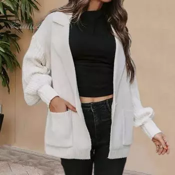 Женский костюм, пальто, костюм с лацканами, длинный рукав, однотонное трикотажное пальто с карманами, свободный крой, свитер на одной пуговице, пальто S хаки