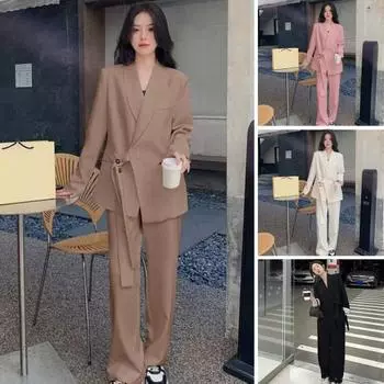 Женский костюм, пальто, лацкан, длинный рукав, боковые пуговицы, пиджак на шнуровке, однотонный, свободный крой, деловая верхняя одежда с карманами M хаки